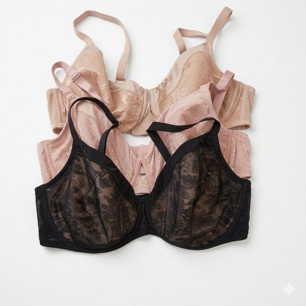 Lot of 3 SOMA Bras 42DD 42D Black Nude Lace Unlined Full Coverage Underwire